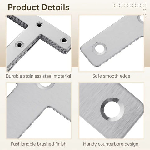 Close-up of 20 Pcs Flat Corner Braces Set With Screws, 3.1 By 3.1 Inch T Shape Shelf Brackets showcasing brushed finish and smooth edges.