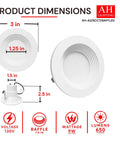 Dimensions of AH Lighting 2 Inch 5CCT Recessed Retrofit Downlight Dimmable with Baffle Trim - UL Certified - 24 Pack