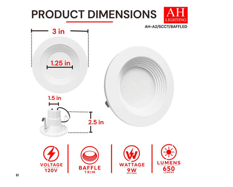 Dimensions of AH Lighting 2 Inch 5CCT Recessed Retrofit Downlight Dimmable with Baffle Trim - UL Certified - 24 Pack