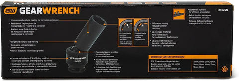 Packaging of Beefy 10 Piece Deep 3/8 Inch Drive 6 Point Universal Impact Socket Set Metric Built Tough From Cr-Mo Steel With Off Corner Loading To Stop Rounding For Heavy Duty Auto And Garage Projects, showing socket features and benefits.