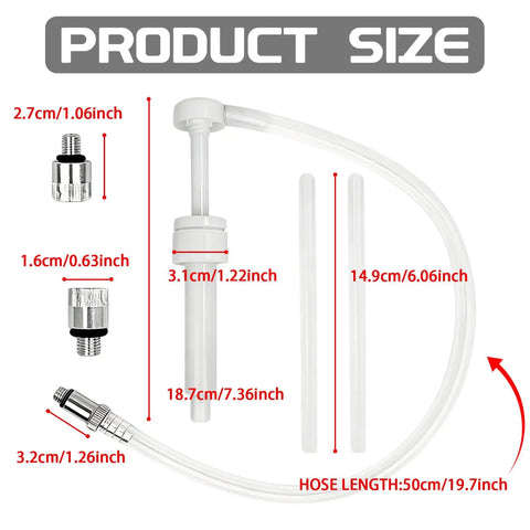 No Fuss Fluid Transfer Pump For Lower Unit Gear And Transmission With Swivel Adapters and Flexible Hose with Premium Aluminum Fittings dimensions and sizes.