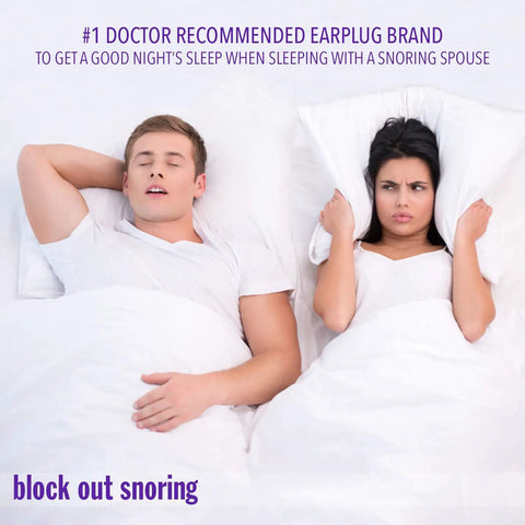 Slim Fit Soft Foam Earplugs 50 Pairs Small Size For Sleeping Snoring Traveling Concerts Shooting Sports Power Tools Made In USA Low Pressure Molded Foam For All Day Comfort. Sleeping couple, man snoring, woman awake.