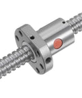 Close-up of Linear Motion Ball Screw SFU1605 focusing on metal nut, 16mm diameter, 5mm pitch, used for CNC machines and precise machining