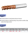 1/2 Inch Shank 4 Flute Ball End Mill, Stainless Steel, ACO Finish, for hard materials, with applications and work material chart