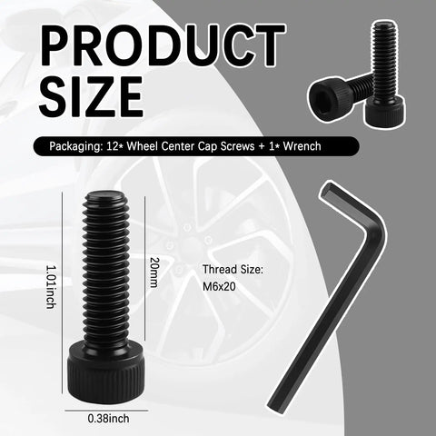 Fuel Wheel Center Cap Screws Replacement Kit With Hex Wrench showing 12 bolts and wrench dimensions, 1.01 inch and M6x20 thread.