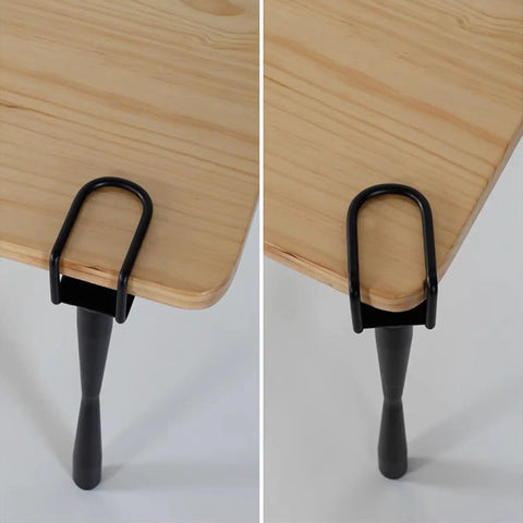 Adjustable Clamp Leg For DIY Coffee And Console Tables, Black Metal Leg clamps to wooden tabletop, showing no punching design.