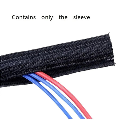 Self Closed Cable Sleeve Made Of PET Braided Material with exposed wires, 50mm width for cable management, UV resistant.