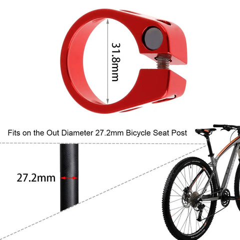 Red 31.8Mm Seat Post Clamp fits 27.2Mm seat post, aluminum alloy, lightweight, pro grade, ride ready for MTB road and casual bikes.