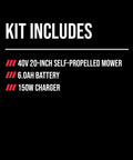 Kit includes PWR CORE 40 Brushless 40V 20 Inch Self Propelled Lawn Mower Kit with 6.0Ah battery and Auto PWR Jump charger.