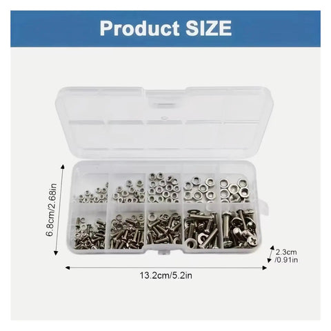 All In One Hex Nuts And Bolts Set With 120 Or 320 Pieces, Grab And Go Universal Hardware Kit in open storage box with dimensions