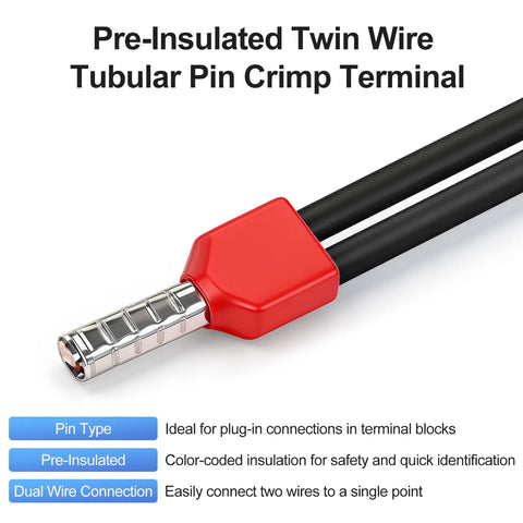Twin 16 AWG Wire Ferrules In Black TE1508 Pin Terminal, Dual Wire Design For Daisy Chaining And Parallel Wiring, 8mm Pin Length, Bulk Pack For Quick Secure Terminal Block Connections. red pre-insulated twin wire pin terminal