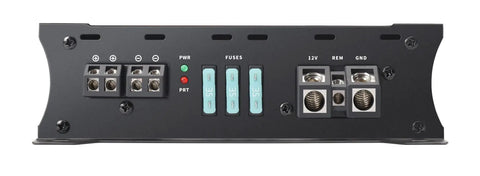 Back view of the Beast 2000W Monoblock Class D Car Amplifier with terminal connections and fuses visible.