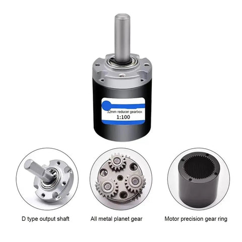 Heavy Duty 32Mm Planetary Gear Reducer Motor Packing Serious Torque And Running Buttery Smooth showing D type output shaft and gear components.