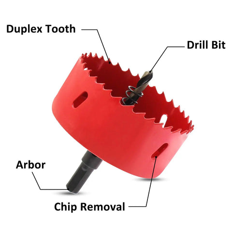 Front view of 83mm Bi Metal Hole Saw Kit With Twist Drill Bit and L Hex Wrench for Cornhole Boards Wood Plasterboard Plywood Plastic