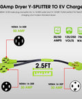Premium Heavy Duty 30 Amp Y Splitter Cord For Tesla Ev Chargers And Household Dryers Nema 14 30p Male Plug to Dual 14 30r.