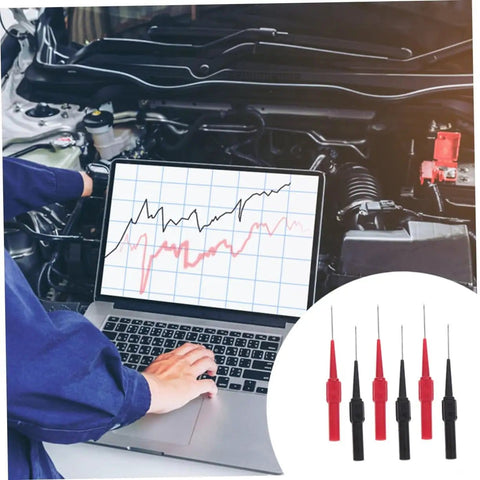 Six Pack Wire Piercing Probes for Multimeters, used for electrical testing in car repair with graphs on laptop screen