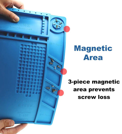 Pro Grade Heat Resistant Soldering Mat 932F Silicone Anti Static Magnetic Electronic Repair Work Surface showing magnetic area.