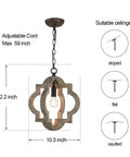 Farmhouse Wood Pendant Light for Kitchen Island with Adjustable Chain 1 Light Rustic Hanging Fixture diagram and dimensions