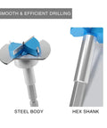 Heavy Duty Tungsten Carbide Forstner Bit crushes through hardwood; features steel body, hex shank, and precise cutting edges.