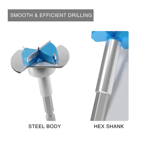 Heavy Duty Tungsten Carbide Forstner Bit crushes through hardwood; features steel body, hex shank, and precise cutting edges.
