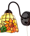Bedside Wall Mount Lamp With Dimmable Switch, Industrial Gooseneck Sconce With Plug In Cord, Sea Blue Stained Glass Shade, Dope Vintage Style Lighting For Bedroom, Living Room, Hotel And Home showing an amber stained glass flower design shade