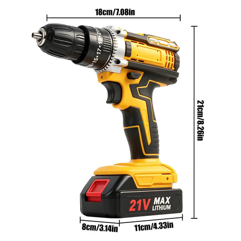 Rugged 21V Cordless Drill Kit Featuring Rechargeable Batteries And Quick Release Keyless Chuck for furniture assembly, 21 cm tall.