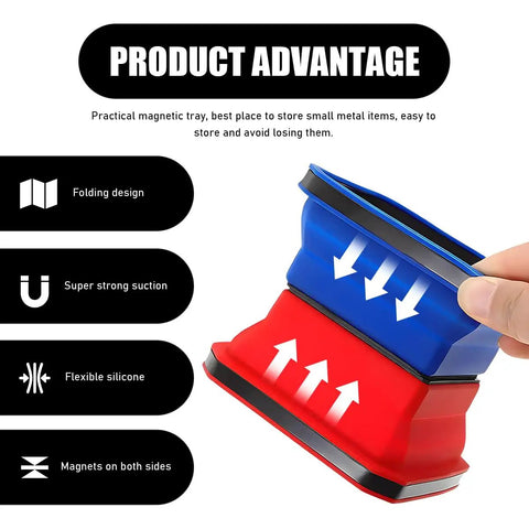 Illustrated features of Collapsible Magnetic Parts Tray With Double-Sided Base, including folding design and strong magnets.