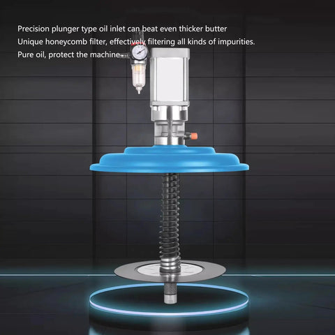 Built Rugged 20 Liter Grease Gun With 80 To One Pressure Ratio And High Temperature Resistant Construction showing the precision plunger type oil inlet.