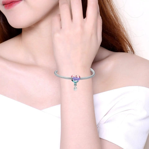 Happy Birthday Hot Air Balloon Charm In 925 Sterling Silver With Enamel Heart Balloon on bracelet, worn by woman
