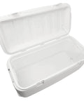 Open lid view of Beast Mode Heavy Duty 120 Qt Polar Cooler With UV Shield Lid Odor And Stain Resistant Liner Threaded Drain Plug For Hose Hookup