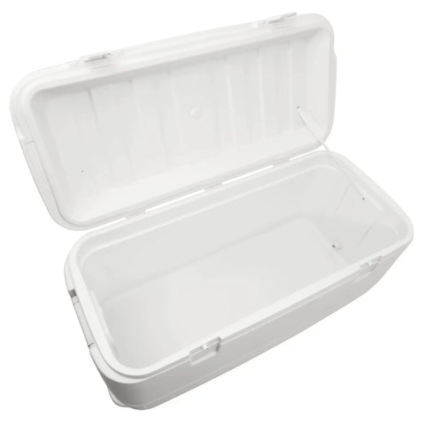 Open lid view of Beast Mode Heavy Duty 120 Qt Polar Cooler With UV Shield Lid Odor And Stain Resistant Liner Threaded Drain Plug For Hose Hookup