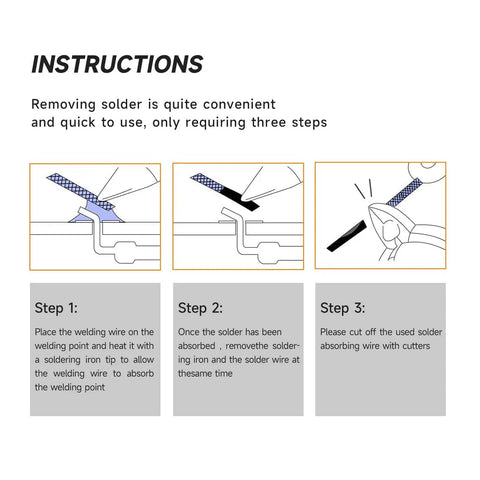 Instructions for using Pro Grade Desoldering Wick Braided Copper Solder Wick 10 Ft With Flux No Clean Soldering Wick Desolder Tool