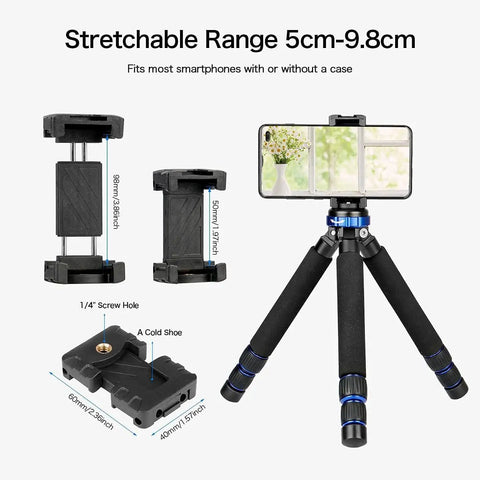 Built Different Mini Tripod Lightweight Aluminum Construction With Quarter And Half Inch Threads Handles Your Camera Setup Like A Champ Without Breaking A Sweat Converts Straight Into A Smooth Handheld Stabilizer showcasing adjustable smartphone holder and base.