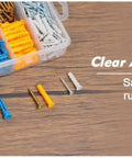 Ultimate Wall Anchor Kit With Plastic Wall Plugs And Self Tapping Screws, 350-Piece Complete Set In A Labeled Storage Box, Hook Up Shelves, Frames, Brackets, Hooks, And More On Drywall Or Studs. Clear assorted wall anchor kit in labeled storage box with plastic plugs and screws.