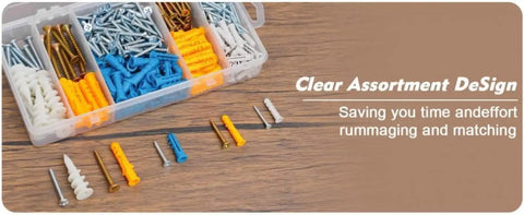 Ultimate Wall Anchor Kit With Plastic Wall Plugs And Self Tapping Screws, 350-Piece Complete Set In A Labeled Storage Box, Hook Up Shelves, Frames, Brackets, Hooks, And More On Drywall Or Studs. Clear assorted wall anchor kit in labeled storage box with plastic plugs and screws.