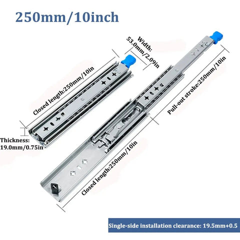 Beefy 10 Inch Locking Drawer Slides With 260 Lb Capacity, Full extension side mount ball bearing rails, dimensions shown
