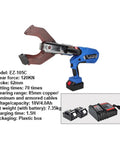 Heavy Duty Rechargeable Hydraulic Cable Cutter For Copper Aluminum Wires EZ-105C features 120KN shear force and 62mm stroke.