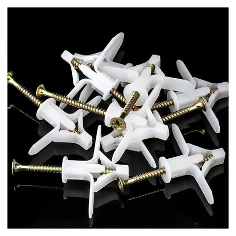 Scattered screws and wall plugs from a 50 Piece Drywall Fasteners Kit With Zinc Plated Screws, Nylon Plugs, Butterfly Wall Anchors For Hollow Walls