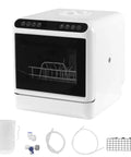 Portable Countertop Dishwasher Featuring 360 Degree Dual Spray And High Temp Air Dry For Quick Rinse And Hassle Free Sanitization, white unit with accessories.