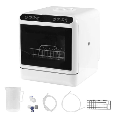 Compact Countertop Dishwasher With Six Liter Built In Tank Portable High Heat Wash And Auto Dry System No Sweat Setup, white unit with controls and accessories.