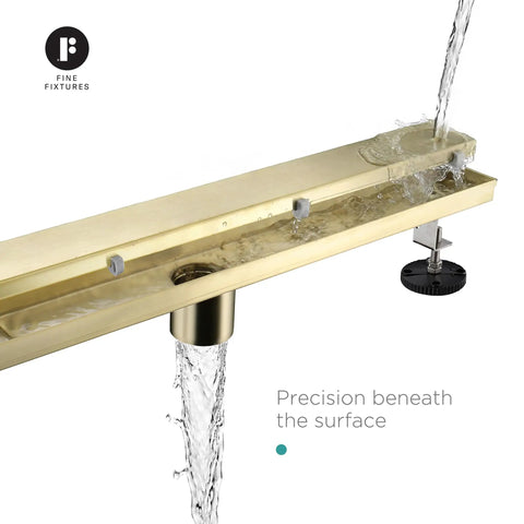 Rugged 42 Inch Linear Shower Drain With Flip Style Tile Cover And Sleek Satin Brass Trim Crafted From Bulletproof 304 Stainless Steel, showing water flow.
