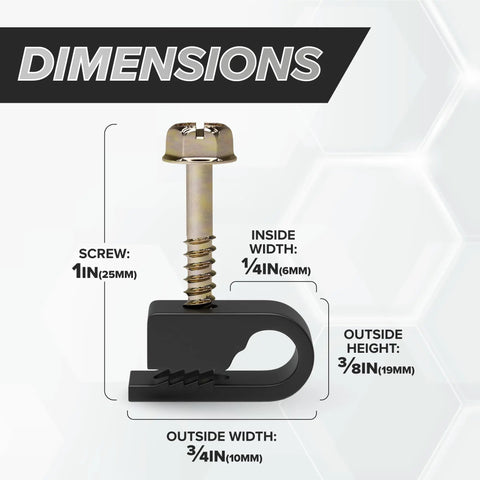 Dimensions of One Quarter Inch Coax Cable Clips With Screws Outdoor Exterior Cord Management For Coax Ethernet Cat5 6 And Electrical Wires 100 Pack Black