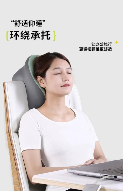 Woman relaxing with Ultra Soft Memory Foam Neck Pillow For Travel And Napping, Slow Rebound Wedge For Sleeping in office chair.