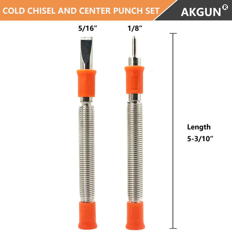 Two Piece Hammerless Five Sixteenth Inch Cold Chisel And One Eighth Inch Center Punch Set with orange grips and spring loaded design