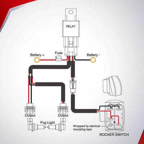 Diagram of Heavy Duty 12V Fog Light Wiring Harness Kit with 5 pin rocker switch, relay, blade fuse, showing connections.