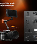 Versatile 9.8 Inch Magic Arm Clamp Kit with camera, monitor, 2kg load capacity, compatible with various devices, black metal.