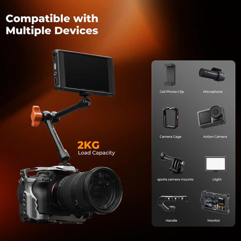 Versatile 9.8 Inch Magic Arm Clamp Kit with camera, monitor, 2kg load capacity, compatible with various devices, black metal.