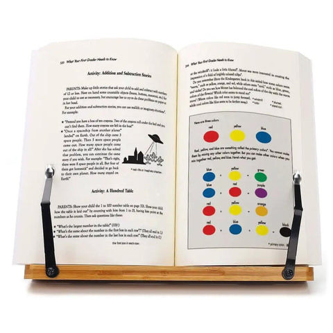 Bamboo Adjustable Book Stand With Tray And Clips holding an open book, showing text and diagrams. Five angle positions visible.