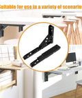 Heavy Duty 90 Degree Self Locking Folding Hinge For Wall Mount Drop Leaf Tables That Saves Serious Floor Space And Clicks Into Place Dead Simple With Rock Solid Grip, showcasing black metal brackets for fold-down tables.