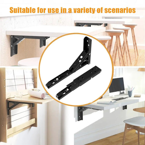 Heavy Duty 90 Degree Self Locking Folding Hinge For Wall Mount Drop Leaf Tables That Saves Serious Floor Space And Clicks Into Place Dead Simple With Rock Solid Grip, showcasing black metal brackets for fold-down tables.